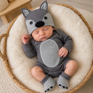 May include: A dark grey and light grey baby bodysuit featuring a wolf-themed hat with ears and black button eyes, a light grey oval belly patch, and matching booties with black claw details. The outfit is made of soft fabric with long sleeves.