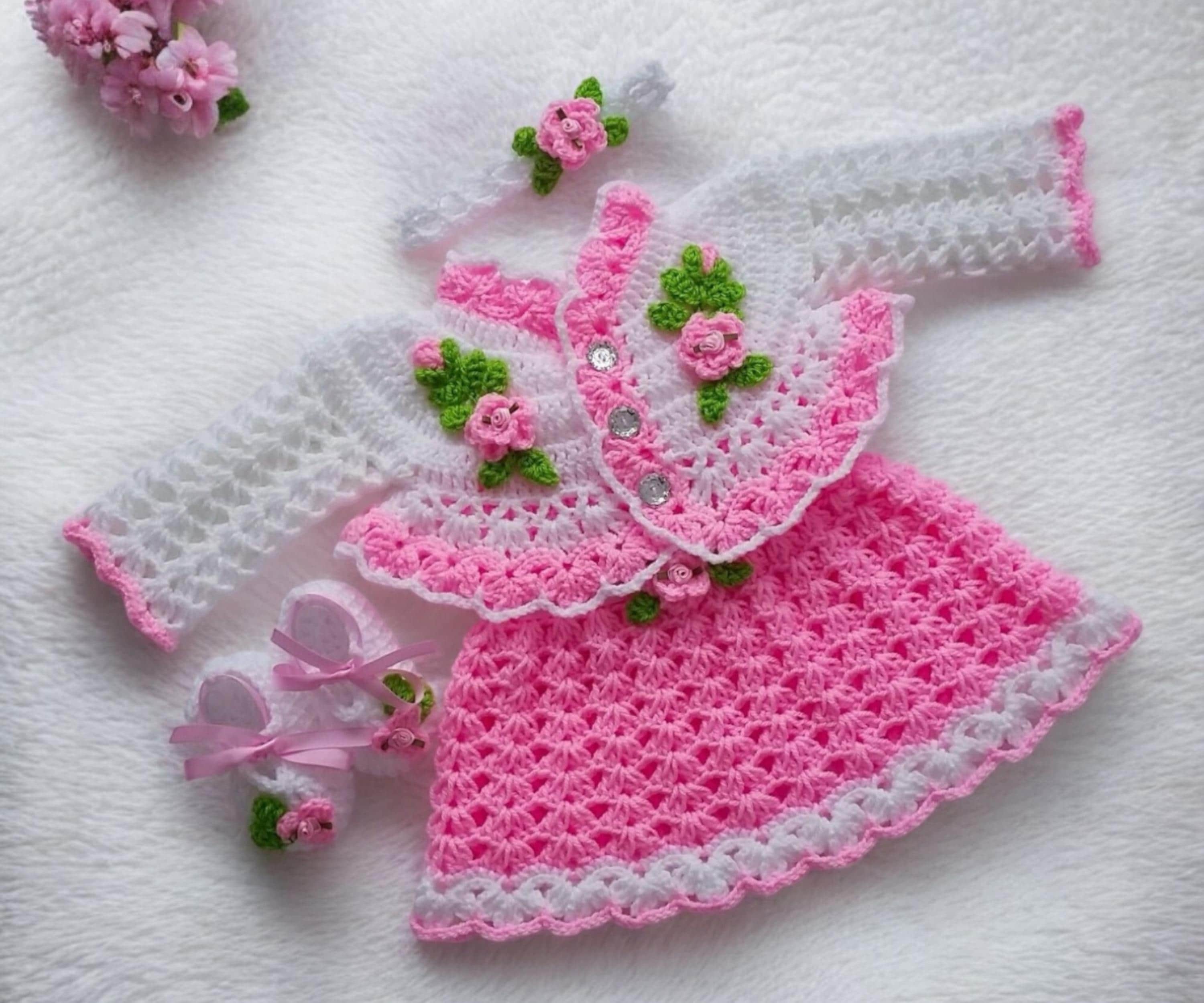 Crochet Baby Dress and Cardigan Set Pattern, Rosebuds Design (PDF Download)