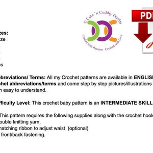 Puede incluir: Un patr&oacute;n PDF para tejer a crochet un atuendo para beb&eacute;. El patr&oacute;n incluye instrucciones para tallas de reci&eacute;n nacido a 9-12 meses, y est&aacute; escrito en ingl&eacute;s usando abreviaturas de crochet estadounidenses. El patr&oacute;n es de nivel de habilidad intermedio y requiere hilo de punto doble para beb&eacute;, cinta y un bot&oacute;n.
