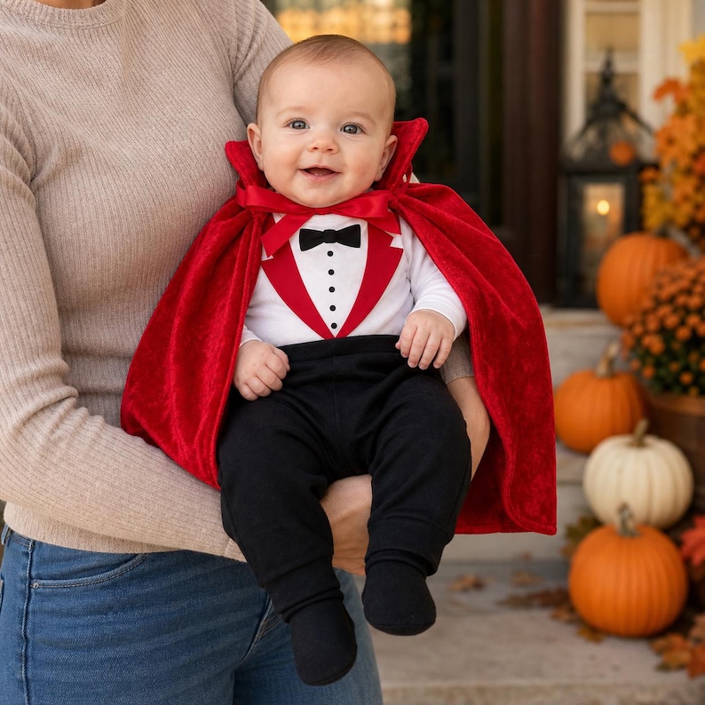 May include: A baby outfit featuring a white long-sleeve bodysuit with a printed black bowtie and red tuxedo lapels, paired with solid black footed pants. A vibrant red velvet cape with a high collar and a ribbon tie is worn over the bodysuit.