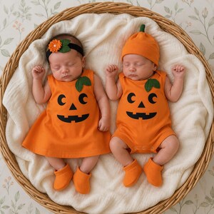 May include: Two infants lying in a woven basket on a white blanket. One infant wears an orange pumpkin-themed dress with a matching headband featuring a flower. The other wears an orange pumpkin-themed romper and a matching beanie with a green leaf.