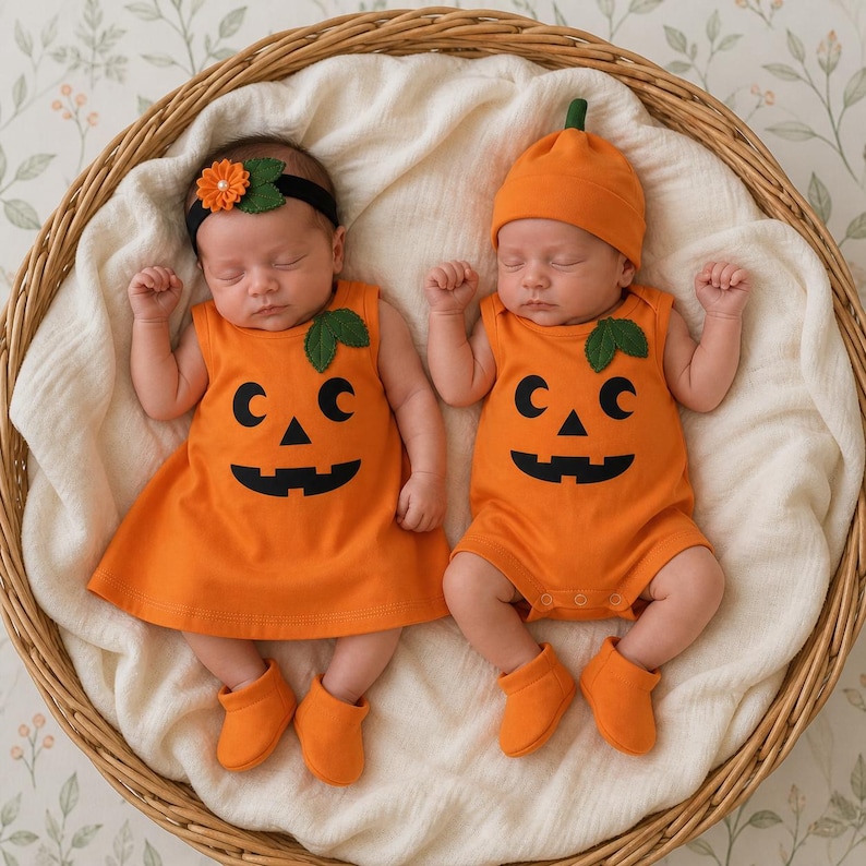 May include: Two infants lying in a woven basket on a white blanket. One infant wears an orange pumpkin-themed dress with a matching headband featuring a flower. The other wears an orange pumpkin-themed romper and a matching beanie with a green leaf.