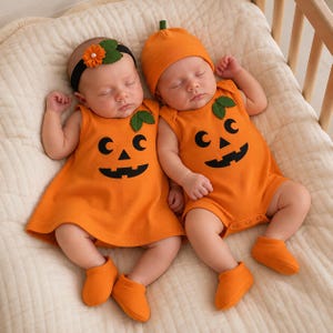 May include: Two infants sleeping, one wearing an orange pumpkin-themed sleeveless dress with a matching headband featuring a flower, and the other wearing an orange pumpkin-themed sleeveless romper with a matching beanie hat and orange booties.