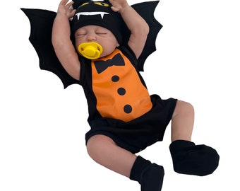 Organic Cotton Baby Bat Halloween Costume: Romper, Hat, Booties & Wings