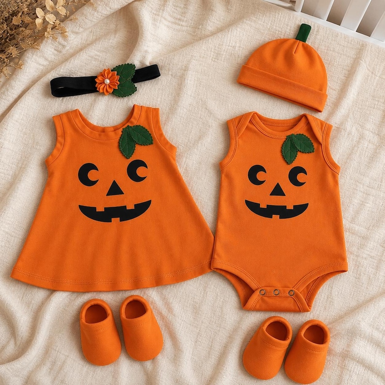 May include: An orange sleeveless dress and an orange sleeveless bodysuit, both featuring a black jack-o'-lantern face and green leaf accents. The set includes an orange beanie with a green stem, a black headband with a flower, and two pairs of orange booties.
