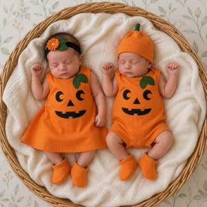 May include: Two infants lying in a woven basket on a white blanket. One infant wears an orange pumpkin-themed dress with a matching headband featuring a flower. The other wears an orange pumpkin-themed romper and a matching beanie with a green leaf.