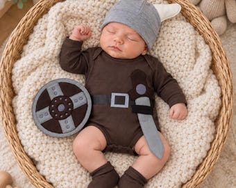 Handmade Baby Viking Costume: Halloween Outfit with Hat, shoes & Felt Sword and Shield props