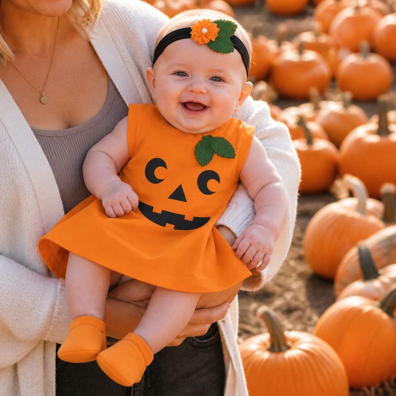 May include: A baby wearing an orange sleeveless dress with a black jack-o'-lantern face print, a black headband featuring an orange flower and green leaves, and matching orange booties. The dress has a small green leaf applique near the neckline.