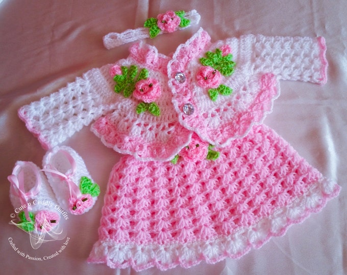 Pink Baby Dress, Pink Crochet Baby Dress Set, Pink Baby Girl Dress