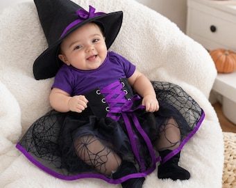 Baby Witch Costume – Black Purple Dress, Hat, Shoes, Broom, Wand (1st Halloween)