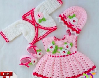 Patrón de vestido de bebé a crochet: Vestido, cárdigan, gorro y patucos (Descarga PDF)