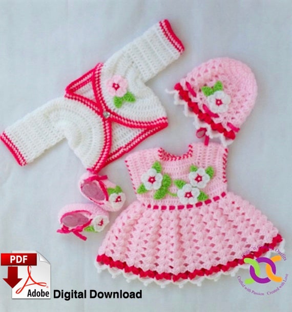 Crochet Baby Dress Pattern: Dress, Cardigan, Hat & Booties (PDF Download)