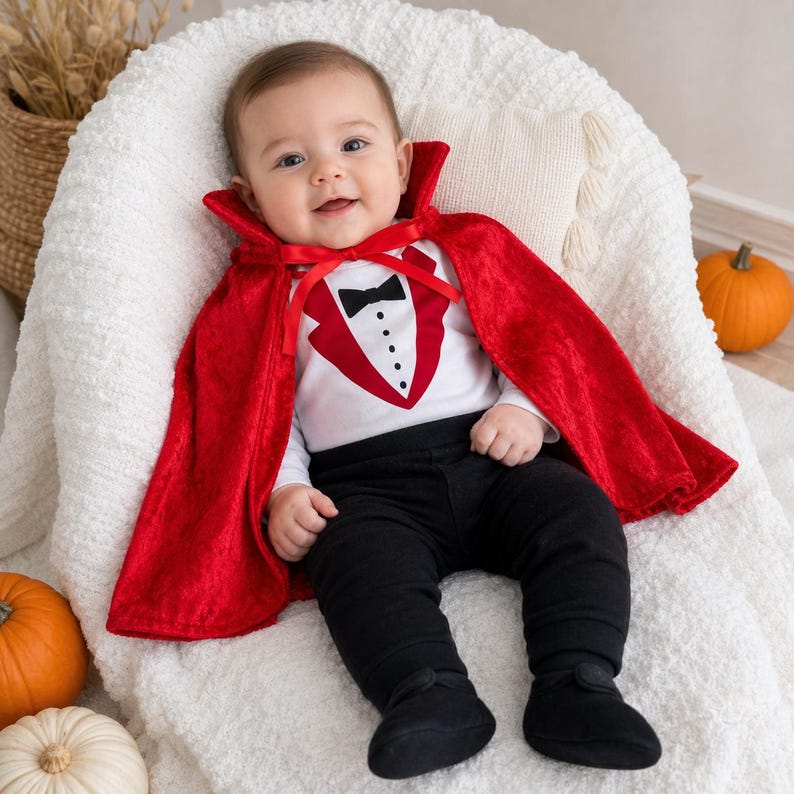 May include: A baby outfit featuring a white long-sleeve shirt with a red tuxedo graphic, a black bowtie, and black buttons. The ensemble includes solid black pants with matching black booties and a vibrant red velvet cape with a high collar.