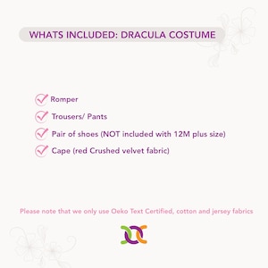 May include: A list of items included in a Dracula costume: a romper, trousers, a pair of shoes not included with 12M plus size, and a red crushed velvet cape. The text states that Oeko-Tex certified cotton and jersey fabrics are used.