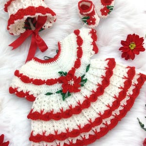 Christmas Baby Crochet Dress Pattern Baby Girl Outfit with Dress, Bonnet, Booties & Diaper Cover Festive Holiday Crochet Set Newborn Girl