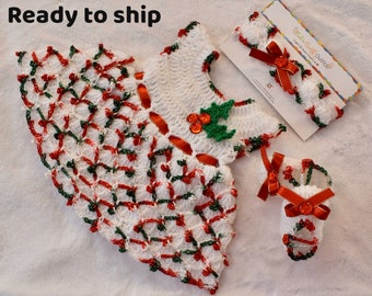 Newborn Crochet Christmas Dress: Baby Girl Outfit with Headband