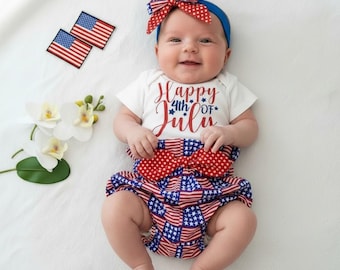 4th of July Baby Outfit: Patriotic Onesie, Bloomers & Headband