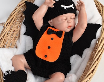 Baby Bat Halloween Costume: Soft Baby Yarn Romper, Hat, Booties & Wings
