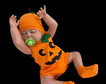 Baby Kürbis Kostüm Set Mit Hut & Schuhen - Halloween Strampler 0-24 Monate | Orange Velour