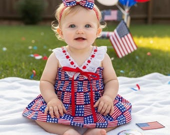 May include: A baby wearing a red, white, and blue dress with a matching bow headband. The dress features a pattern of American flags. The baby is sitting on a white blanket outdoors, with balloons and small American flags in the background.
