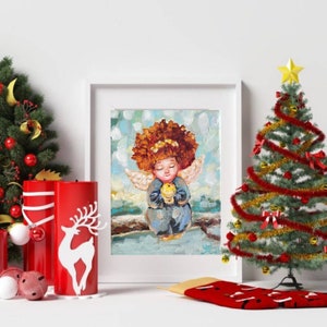 Lovely angel art , cute angel oil painting , unique oil painting , nursery wall decor  art , christmas gift , christmas decor