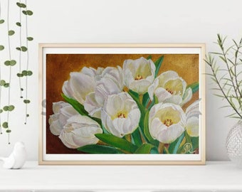 Tulipes blanches peignant la peinture originale Peinture fine peinture d’art de fleur jaune sur le cadeau de toile pour son idée de cadeau de maman pour des femmes