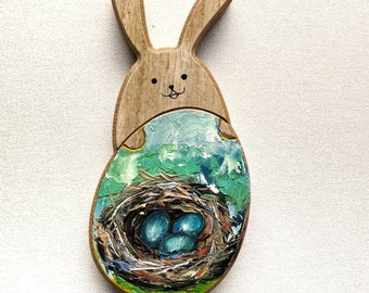 Coniglietto di legno di Pasqua, pittura a olio di uova di Pasqua, arredamento pasquale originale, uova dipinte a mano, regalo di Pasqua originale