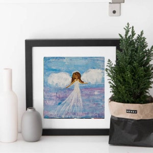 Pintura de anjo da guarda, asas de anjo, pintura a óleo em miniatura, pintura abstrata de anjo, decoração de berçário, presente de natal
