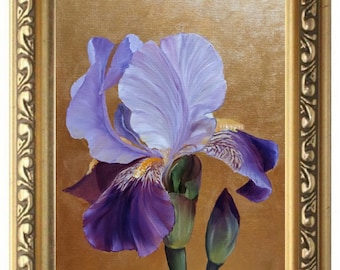 Golden Iris Oil Painting, Floral Still Life Original Art, 12x15