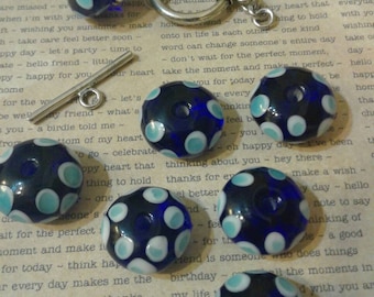 Sterling Silver Toggle and Clasp, Cobalt Blue Polka Dotted Glass Lampwork Beads ~ 6 beads, 1 toggle and clasp in this set