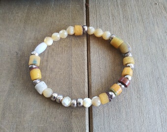 Agate Beaded Bracelet, Yellow Agate Bracelet, Agate and Silver Bead Bracelet on High Quality Stretchy Band