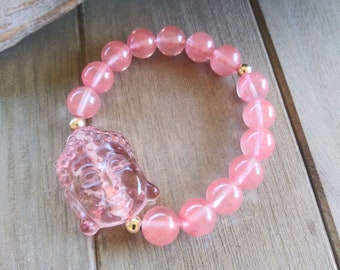 Buddha Bracelet - Strawberry Quartz Bracelet with Buddha Focal Bead