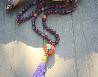 Tibetan Amber Pendant with Turquoise - Red Coral and Sterling Silver Center - Quartz Beaded Mala Necklace - Wooden Bead Mala Necklace