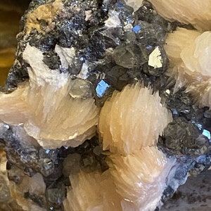 May include: A cluster of light pink, layered crystals with a dark gray, metallic mineral matrix. The crystals are translucent and have a smooth, polished surface.