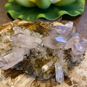 Könnte beinhalten: Ein Cluster aus Amethystkristallen auf einem natürlichen Gesteinsuntergrund. Die Kristalle sind klar und haben einen hellvioletten Farbton. Der Gesteinsuntergrund ist braun und hat eine raue Textur.