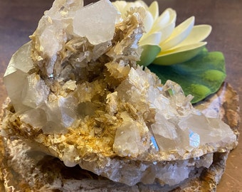 May include: A cluster of clear quartz crystals with a golden brown mineral matrix. The crystals are arranged in a cluster, with some of the crystals pointing upwards. The matrix is rough and textured.