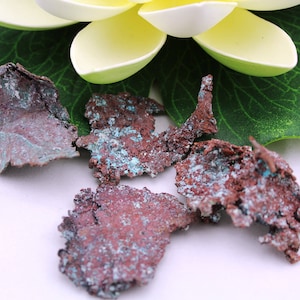 May include: Close-up of several pieces of copper mineral with a reddish-brown color and blue-green accents. The mineral pieces are irregularly shaped and have a rough, textured surface.