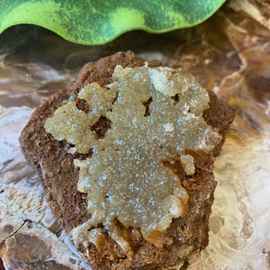 May include: A close-up of a brown rock with a layer of sparkly, light-coloured crystals on top. The crystals have a translucent, almost iridescent quality.