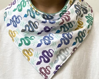 Special Needs Bib -SNAKES & Solid Color- Reversible, waterproof inner layer, Kids to Adult Bandanna Bib, Absorbent Dining Scarf | Droolist