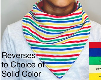 Adult Bib Childrens Bib BRIGHT STRIPE Reversible to Solid Color Droolist special needs Bandanna Bibs absorbent with waterproof inner