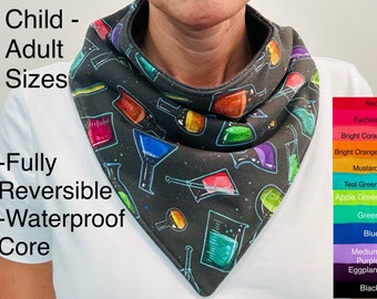 Special Needs Bib SCIENCE Reversible to SOLID COLOR fabric, Absorbent Kids and Adult Bib Sizes Waterproof Inner, Original Droolist Bandanna