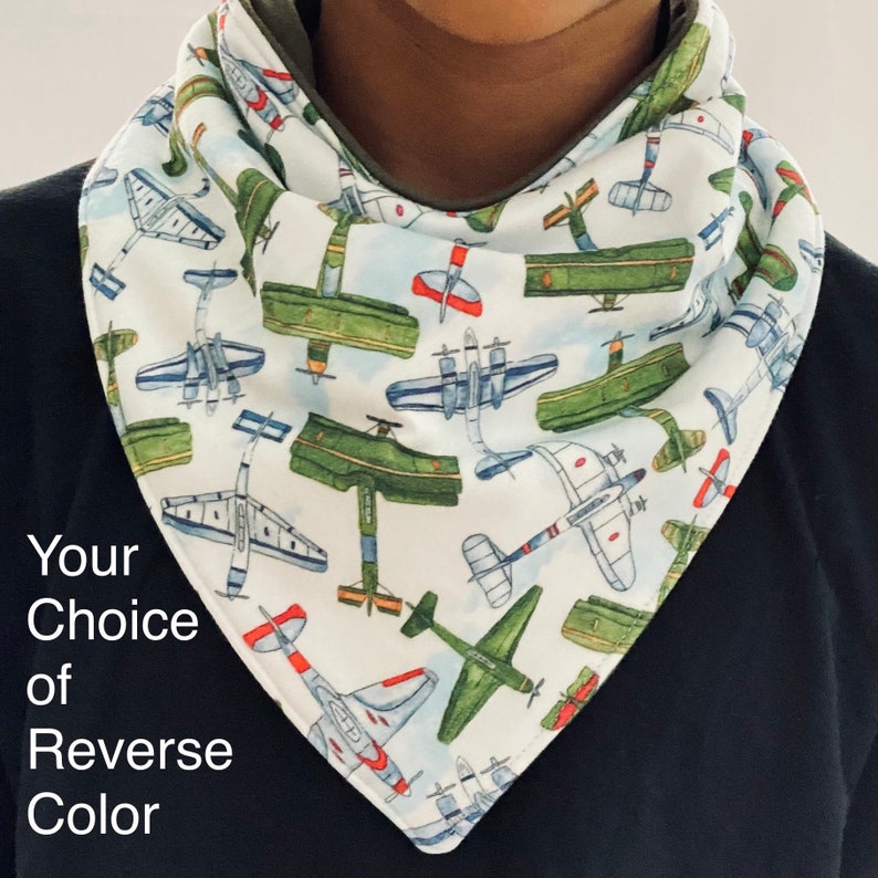 Special Needs Bandanna Bib: AIRPLANES Adult & Kid Sizes /Solid Color Back, Absorbent Reversible Bib with Inner Waterproof Layer by Droolist image 1