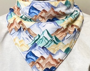 Adult Bib Absorbent Inner & Wetness Barrier Layers, Watercolor MOUNTAINS Reversible to Solid Color of Choice, Child - Adult Sizes |Droolist