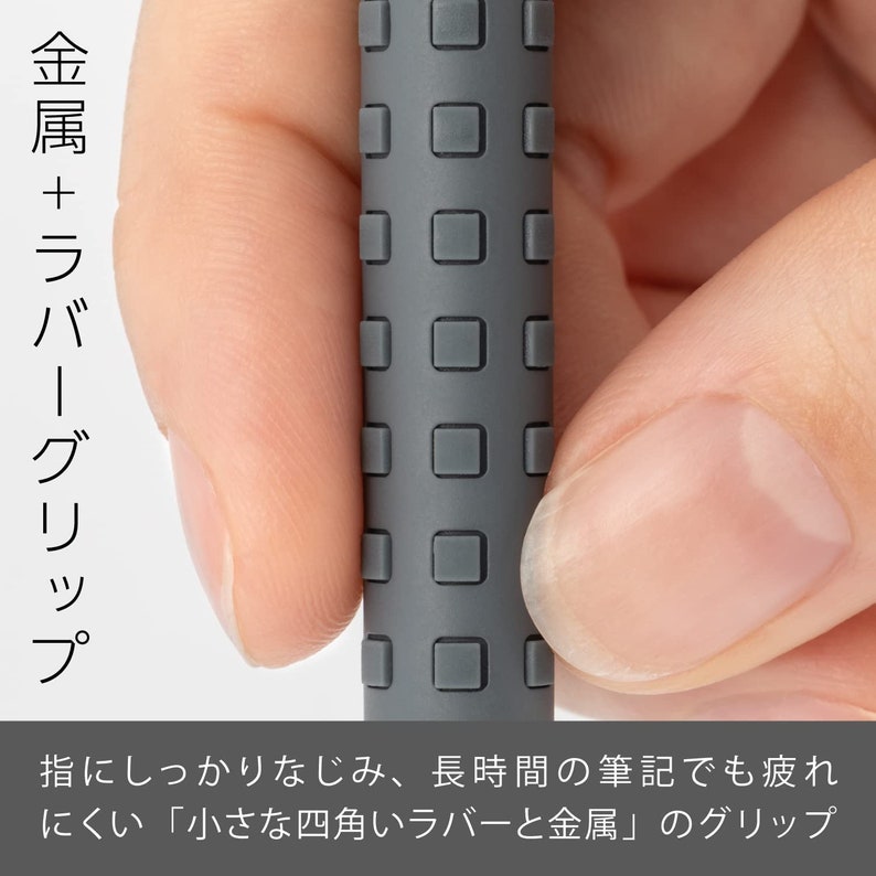 May include: Close-up of a gray pen grip with a textured, square pattern. The text in the image reads "Metal + Rubber Grip" and "Small square rubber and metal grip".