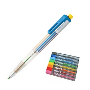 May include: A clear blue mechanical pencil with a green lead and a yellow eraser. The pencil has a clear body that shows the coloured leads inside. The pencil is accompanied by a set of eight coloured lead refills in a variety of colours, including blue, green, red, orange, yellow, pink, purple, and black. The refills are labelled "Multi 8 Color Leads".