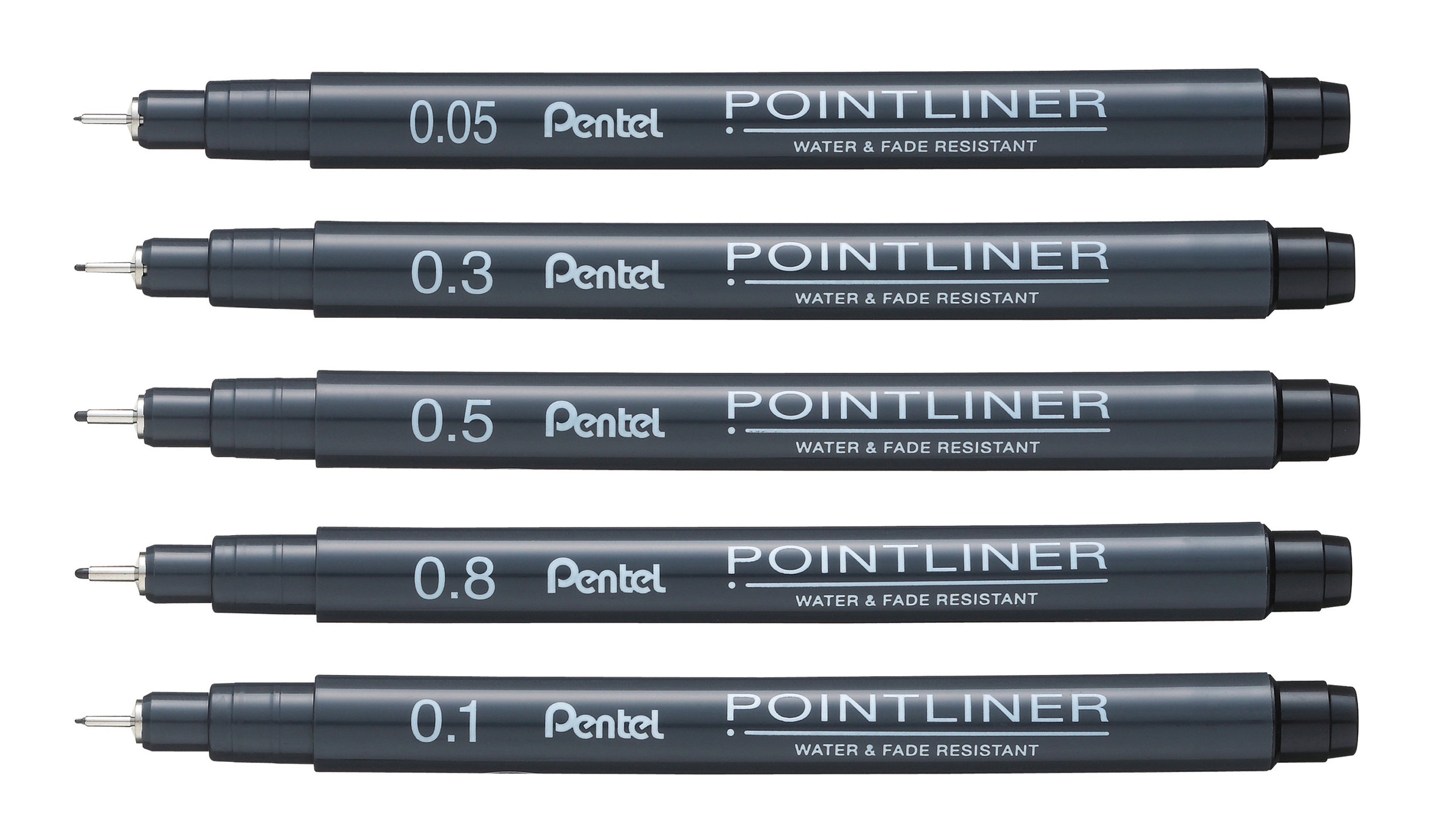 Pentel Arts Pointliner Pigment Ink Pen Assorted Sizes 5/Pkg Black