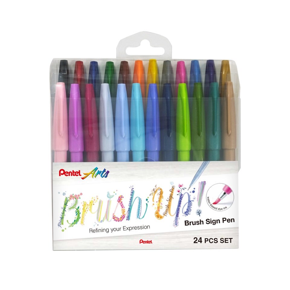 24 Colors New Pentel Fude Touch Brush Sign Pen 24 Colors BOX SET _12  Original Colors 12 Pastel Colors 