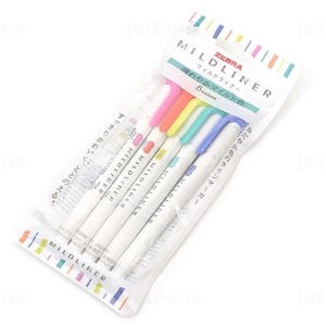May include: A pack of five Zebra Mildliner highlighters with white barrels and colored caps. The colors are pink, orange, yellow, green, and blue. The packaging features the text "ZEBRA MILDLINER" in Japanese and English, along with the phrase "晴れやかマイルド色" which translates to "bright mild colors".