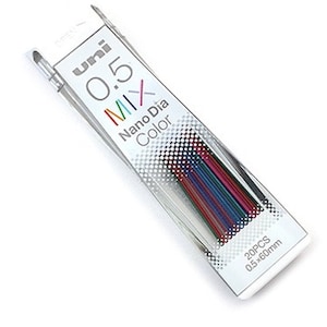 May include: A pack of 20 Uni 0.5 mm mechanical pencil leads in assorted colors. The leads are packaged in a clear plastic case with a white label that says "Uni 0.5 Mix Nano Dia Color 20PCS 0.5 x 60mm".