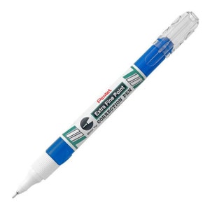 May include: A blue Pentel Extra Fine Point Correction Pen with a metal tip. The pen has a clear plastic cap and a white barrel with green and white stripes.